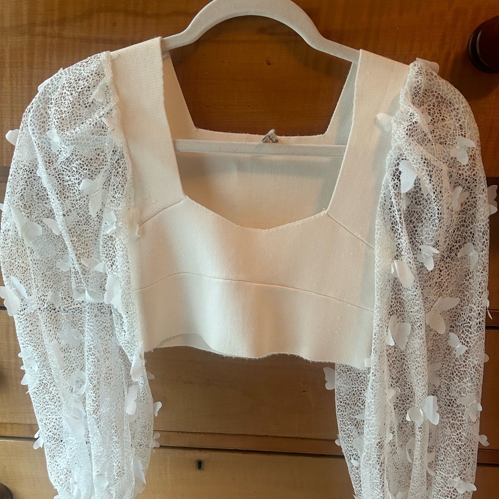 Free people White Lace Sleeve Crop Top with Square Neck